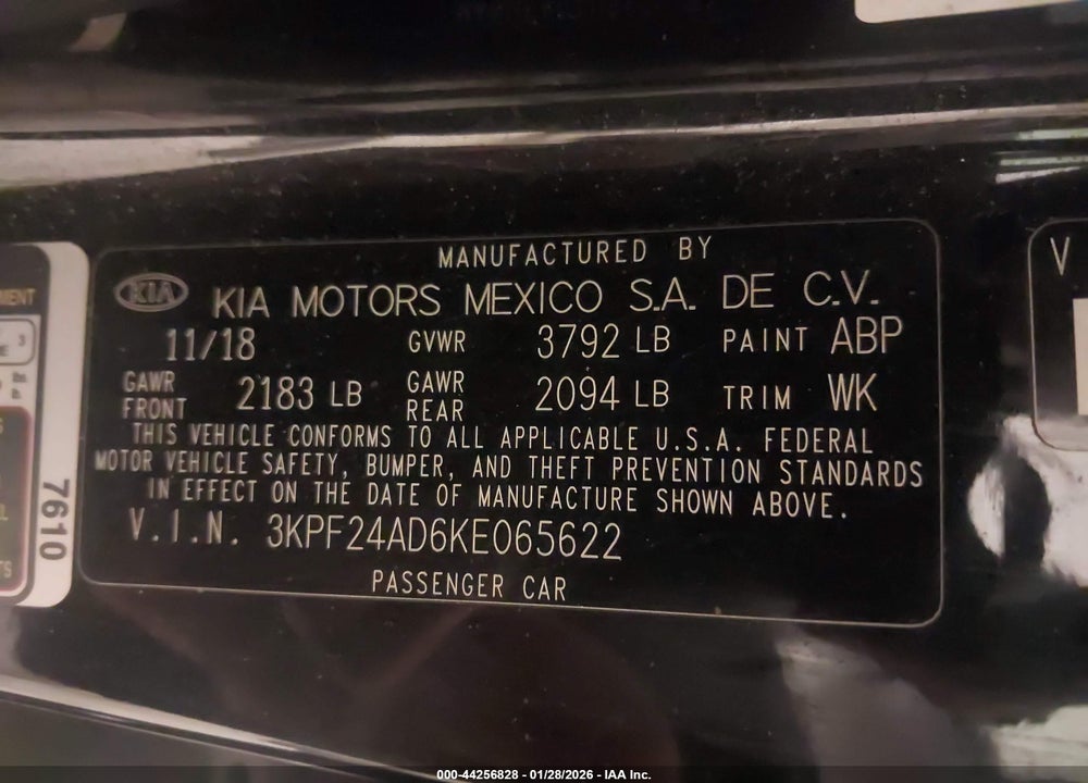 2019 KIA FORTE LXS VIN: 3KPF24AD6KE065622