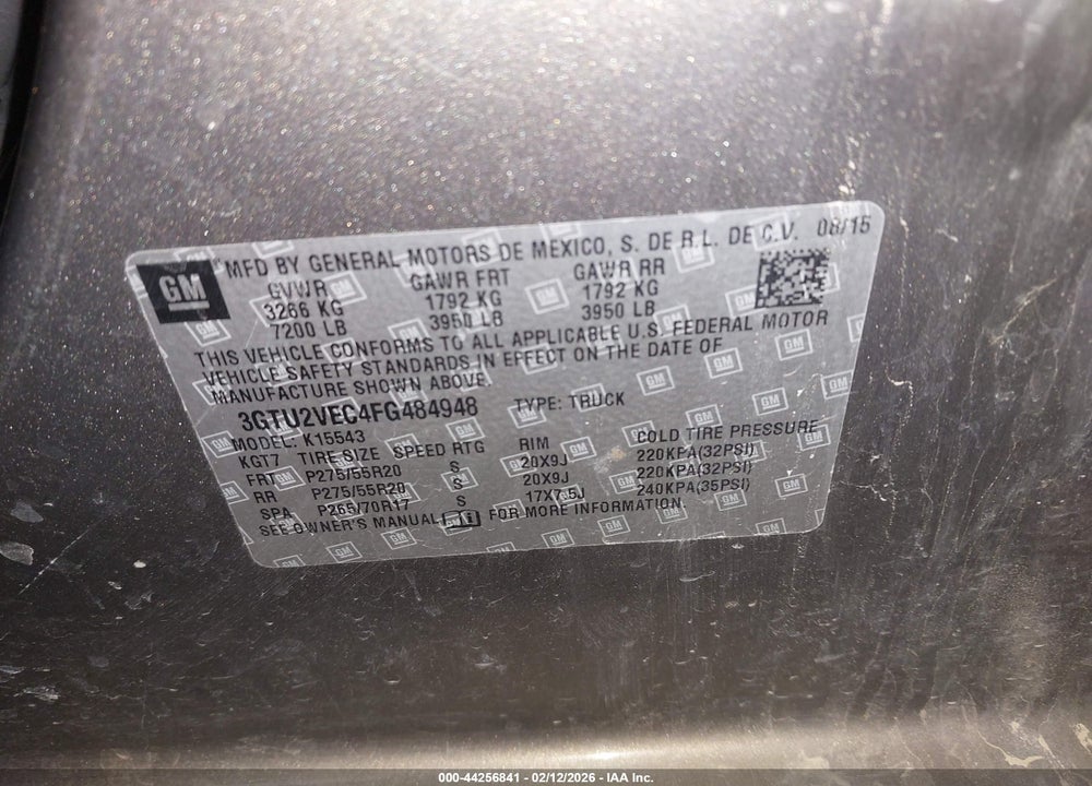 2015 GMC SIERRA 1500 SLT VIN: 3GTU2VEC4FG484948