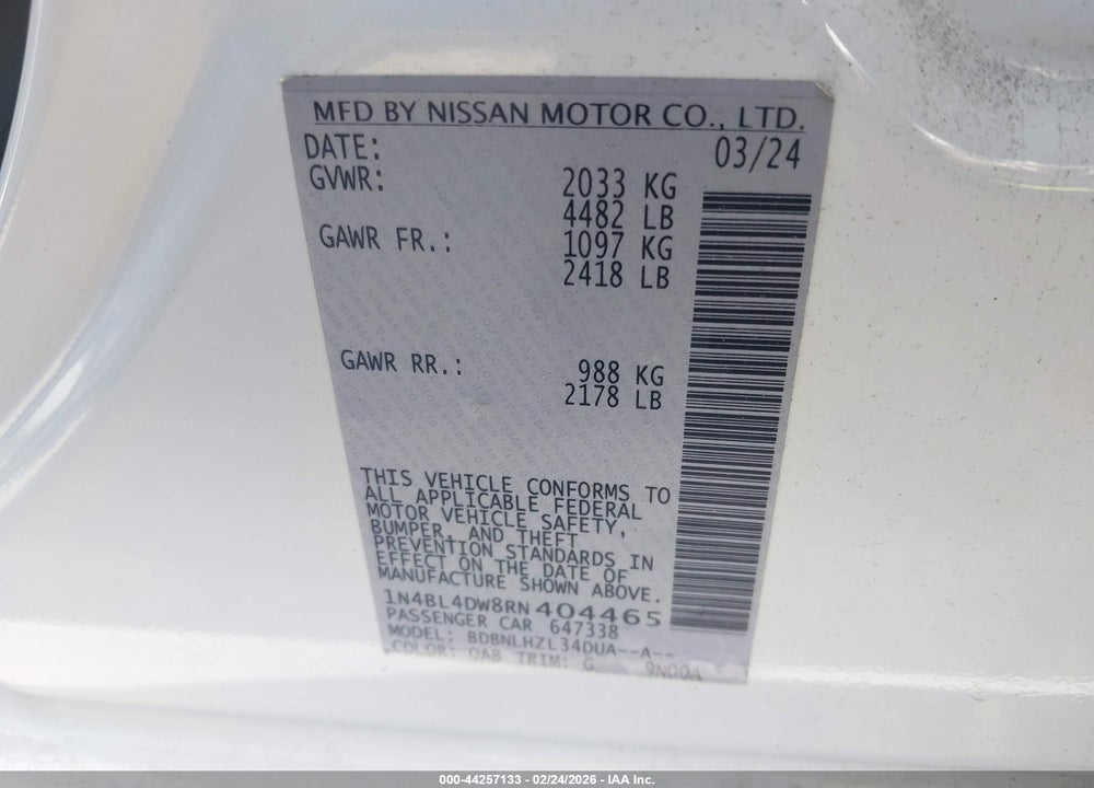 2024 NISSAN ALTIMA SV INTELLIGENT AWD VIN: 1N4BL4DW8RN404465
