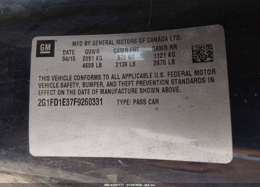2015 CHEVROLET CAMARO 1LT VIN: 2G1FD1E37F9260331