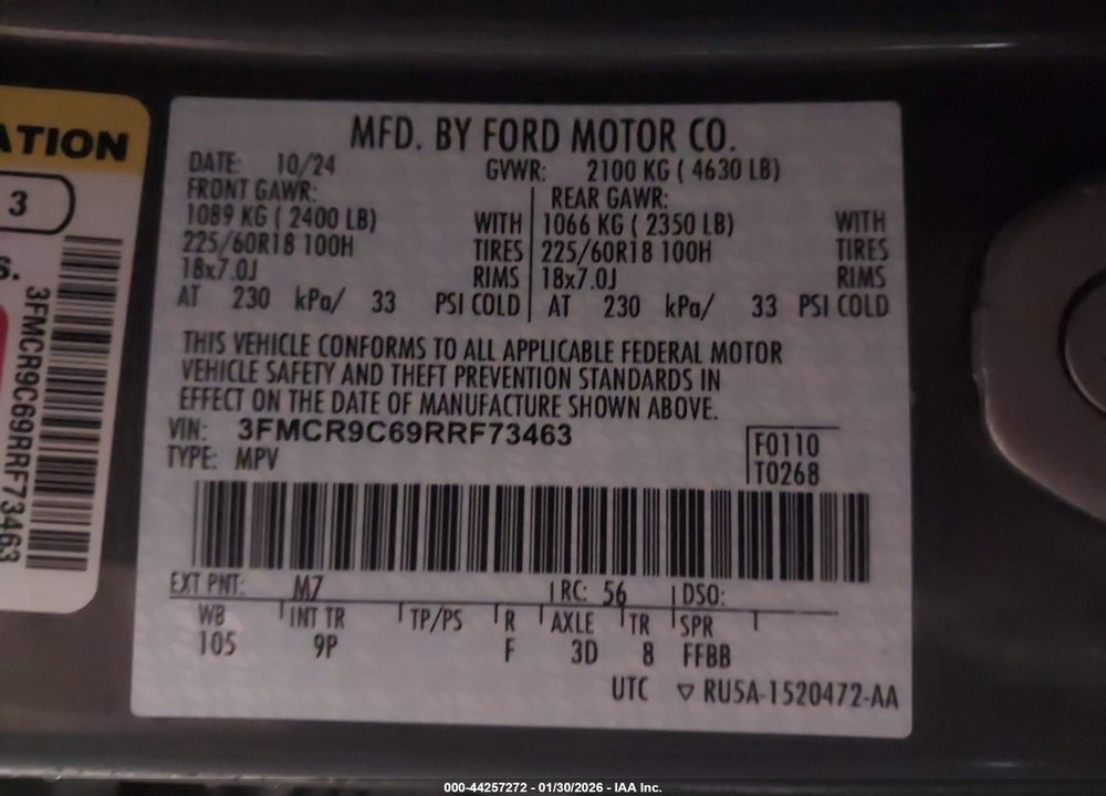 2024 FORD BRONCO SPORT OUTER BANKS VIN: 3FMCR9C69RRF73463
