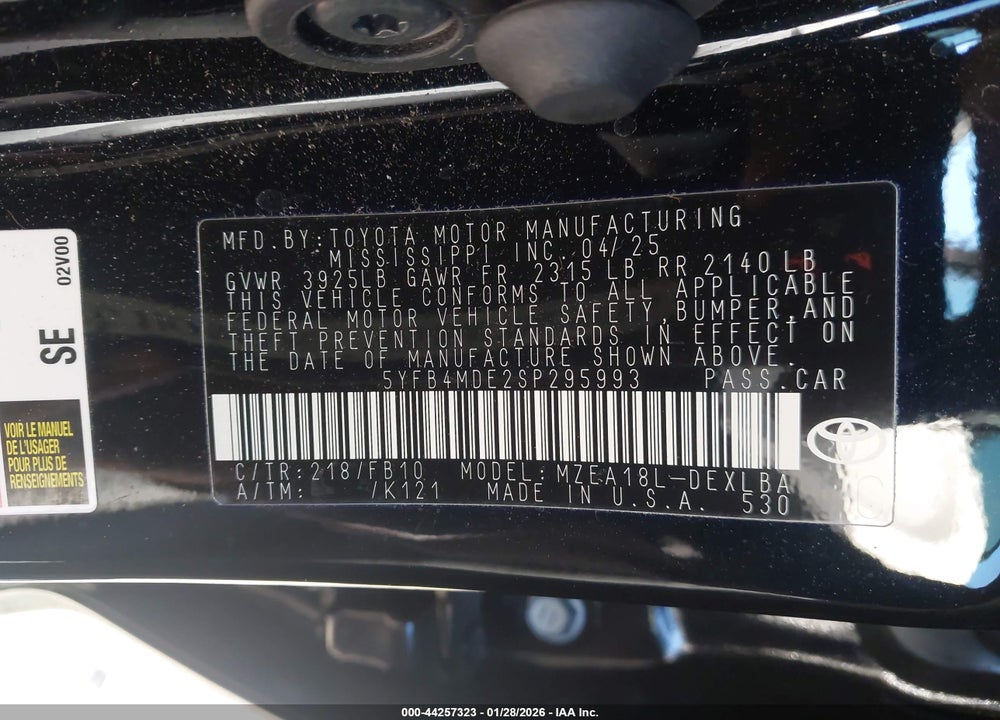 2025 TOYOTA COROLLA LE VIN: 5YFB4MDE2SP295993
