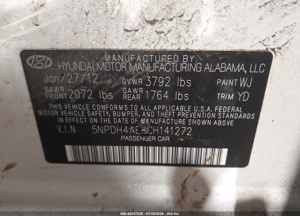 2012 HYUNDAI ELANTRA GLS VIN: 5NPDH4AE8CH141272