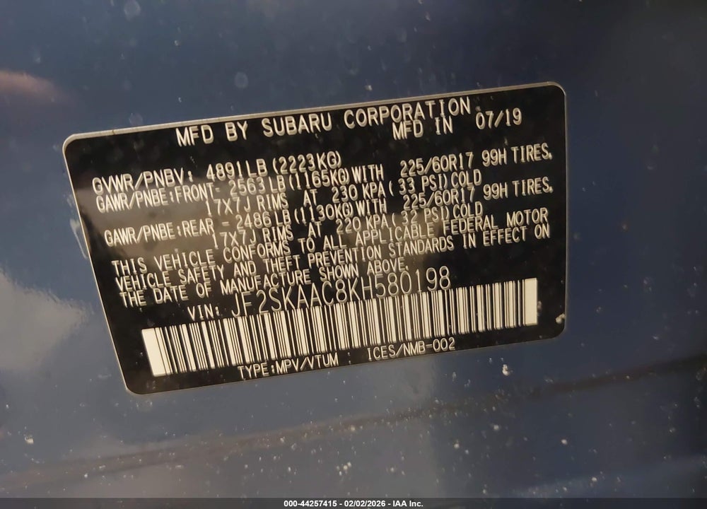 2019 SUBARU FORESTER VIN: JF2SKAAC8KH580198