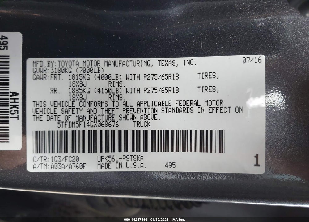 2016 TOYOTA TUNDRA SR5 4.6L V8 VIN: 5TFDM5F14GX068676