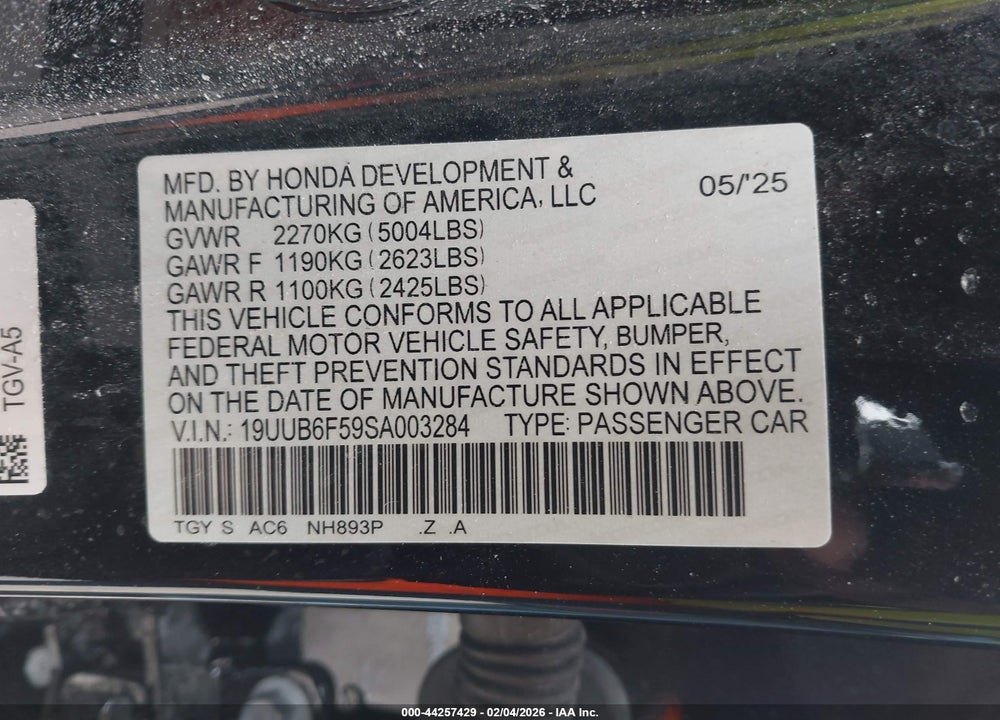 2025 ACURA TLX A-SPEC PACKAGE VIN: 19UUB6F59SA003284