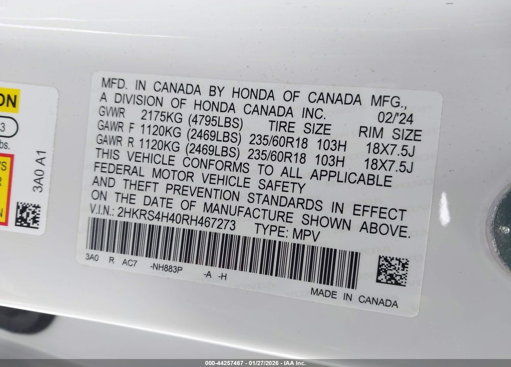 2024 HONDA CR-V EX AWD VIN: 2HKRS4H40RH467273