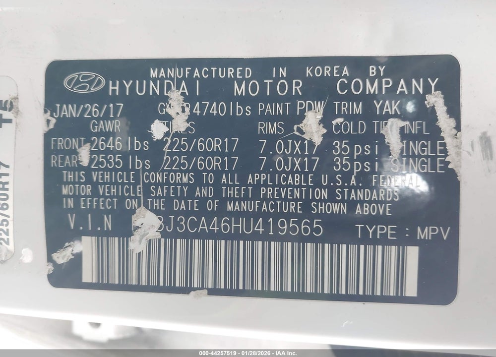 2017 HYUNDAI TUCSON SE VIN: KM8J3CA46HU419565