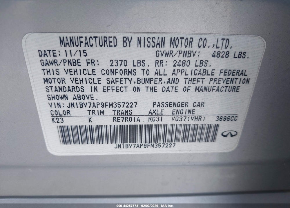 2015 INFINITI Q50 PREMIUM/SPORT VIN: JN1BV7AP9FM357227