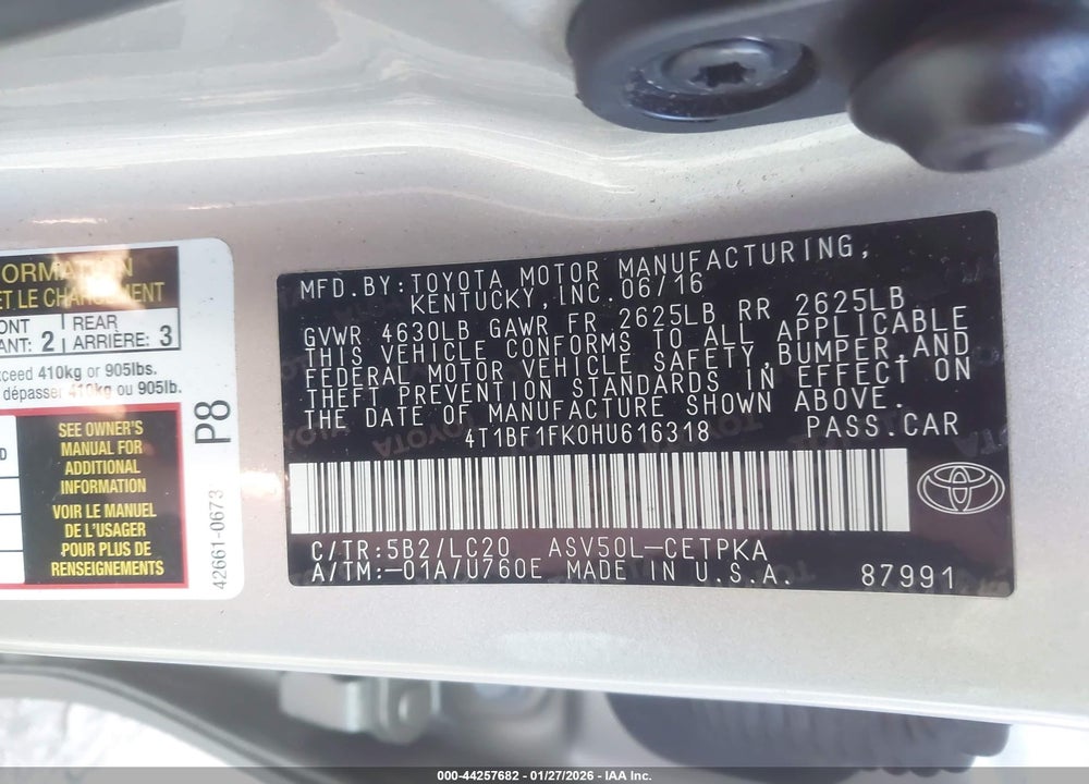 2017 TOYOTA CAMRY XSE VIN: 4T1BF1FK0HU616318