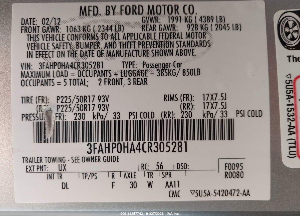 2012 FORD FUSION SE VIN: 3FAHP0HA4CR305281