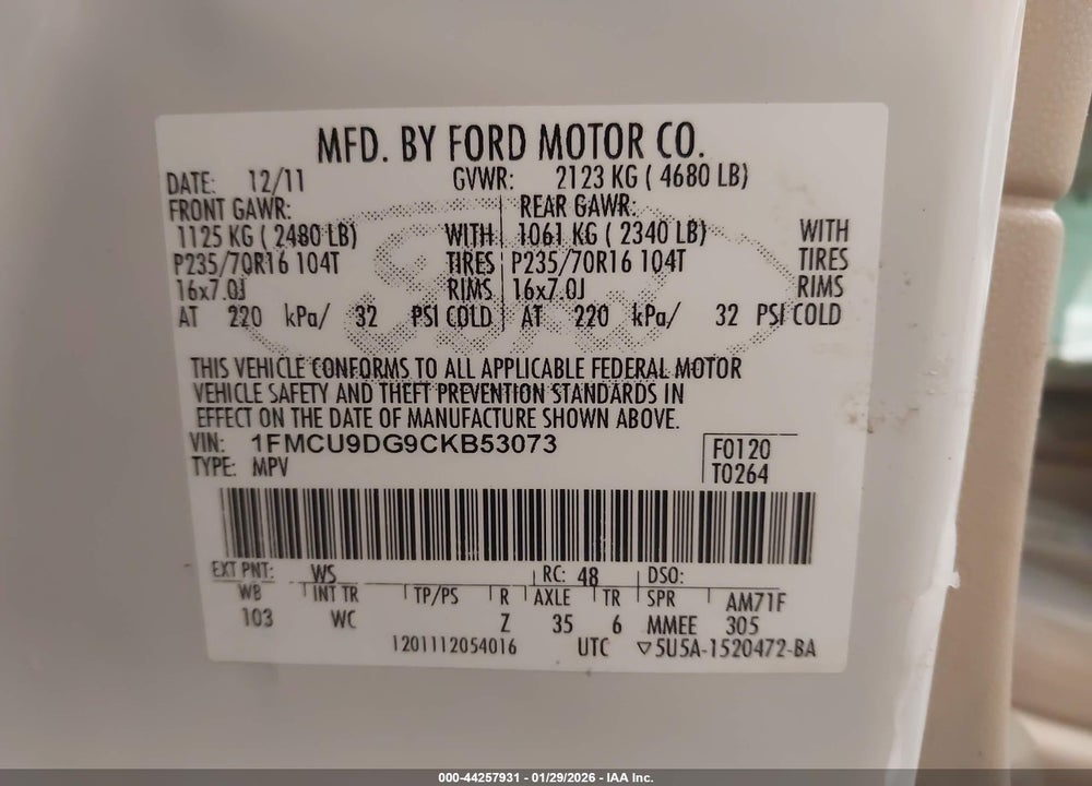 2012 FORD ESCAPE XLT VIN: 1FMCU9DG9CKB53073