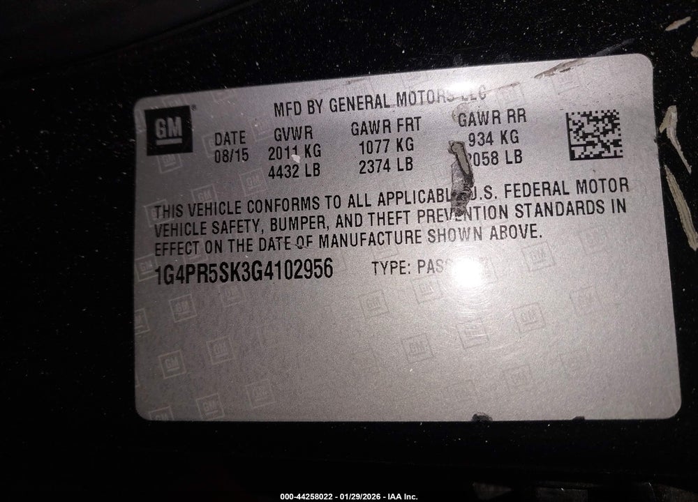 2016 BUICK VERANO CONVENIENCE GROUP VIN: 1G4PR5SK3G4102956
