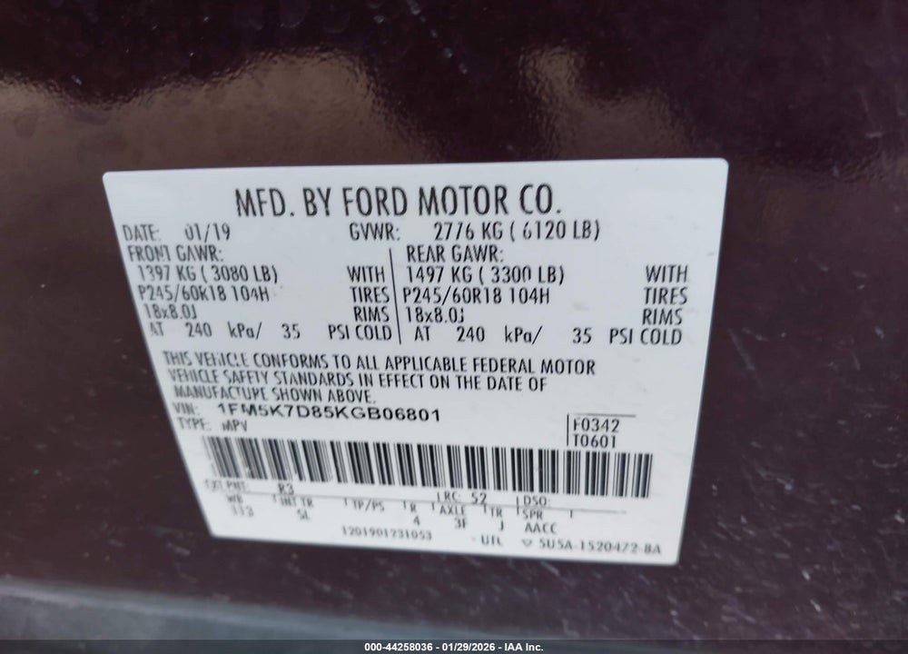 2019 FORD EXPLORER XLT VIN: 1FM5K7D85KGB06801