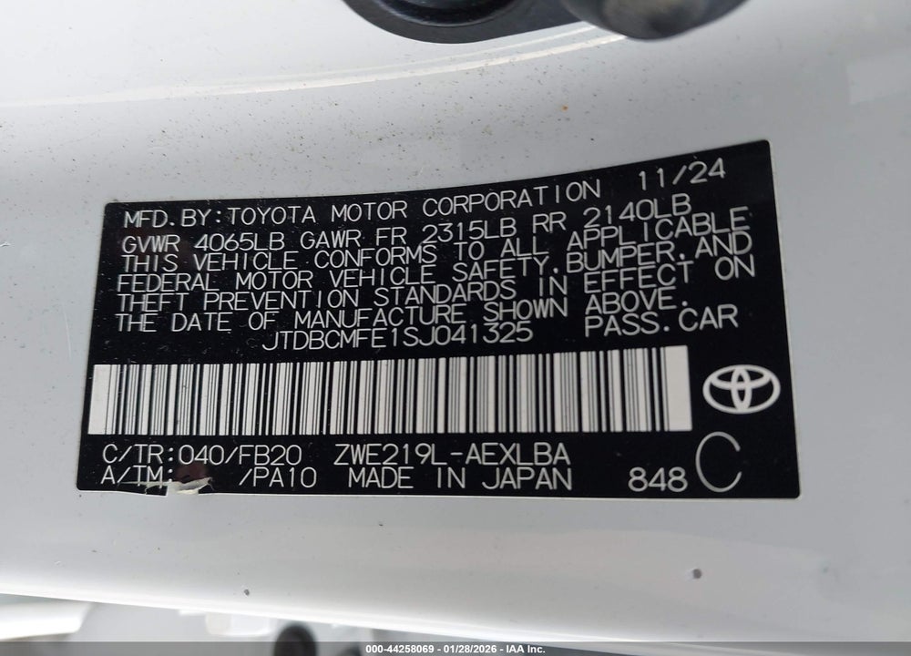 2025 TOYOTA COROLLA HYBRID LE VIN: JTDBCMFE1SJ041325