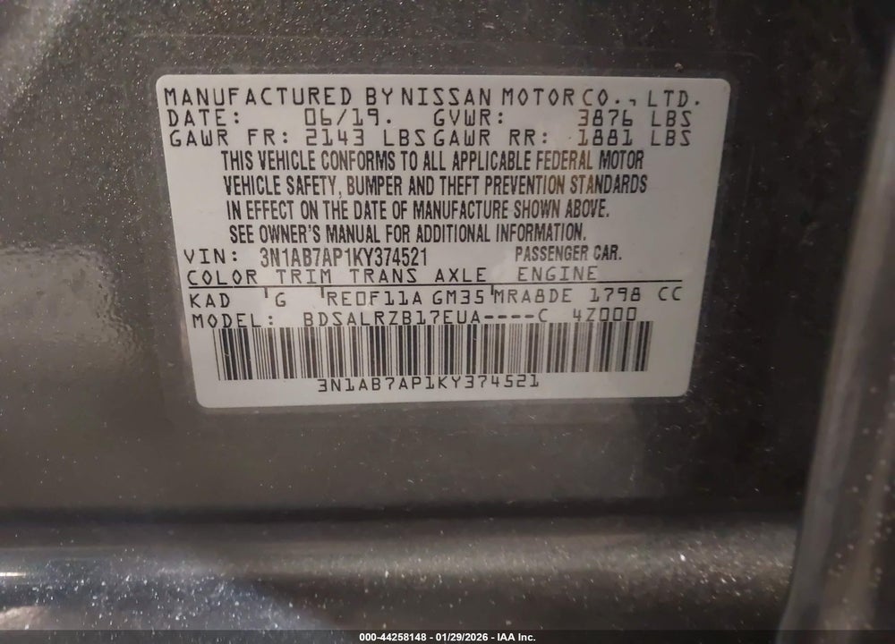 2019 NISSAN SENTRA SR VIN: 3N1AB7AP1KY374521