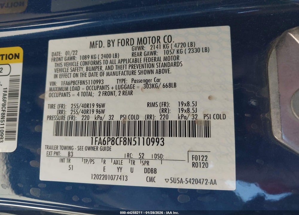 2022 FORD MUSTANG GT PREMIUM FASTBACK VIN: 1FA6P8CF8N5110993
