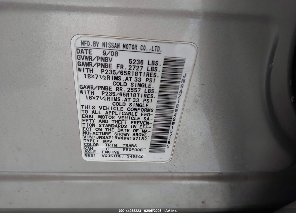 2009 NISSAN MURANO S VIN: JN8AZ18W49W157182