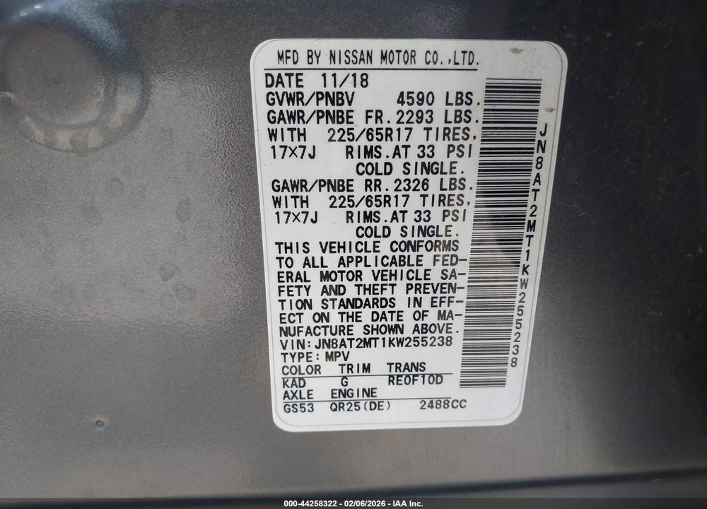 2019 NISSAN ROGUE S VIN: JN8AT2MT1KW255238