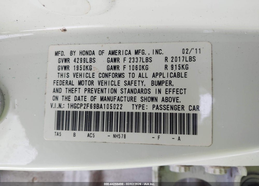 2011 HONDA ACCORD 2.4 SE VIN: 1HGCP2F69BA105022