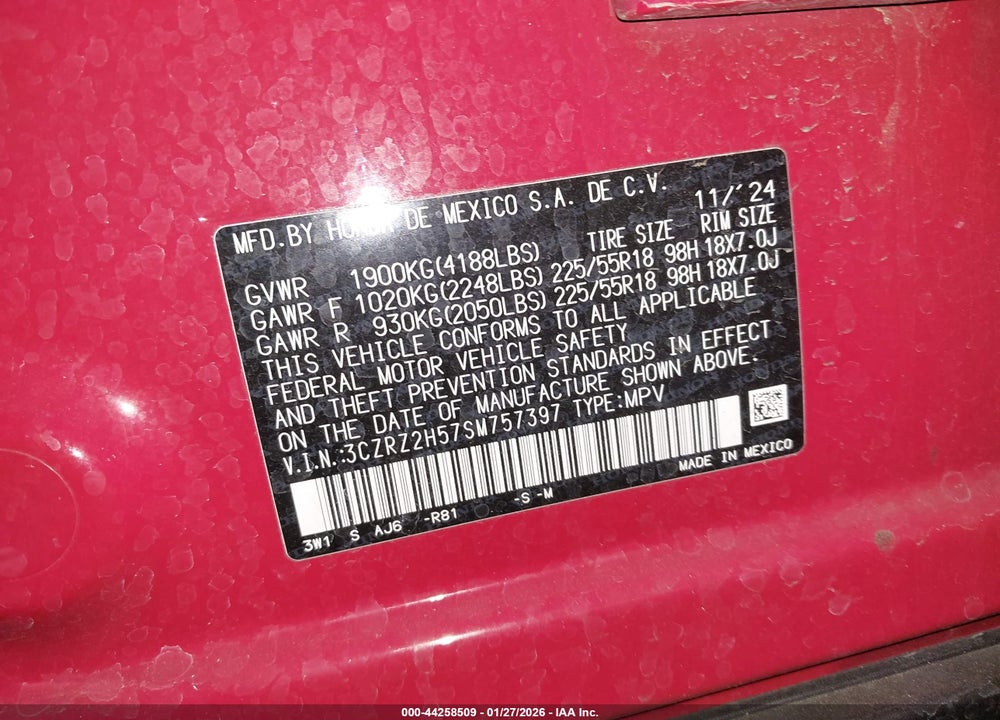 2025 HONDA HR-V AWD SPORT VIN: 3CZRZ2H57SM757397