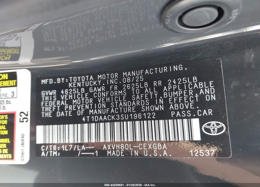2025 TOYOTA CAMRY XLE VIN: 4T1DAACK3SU196122