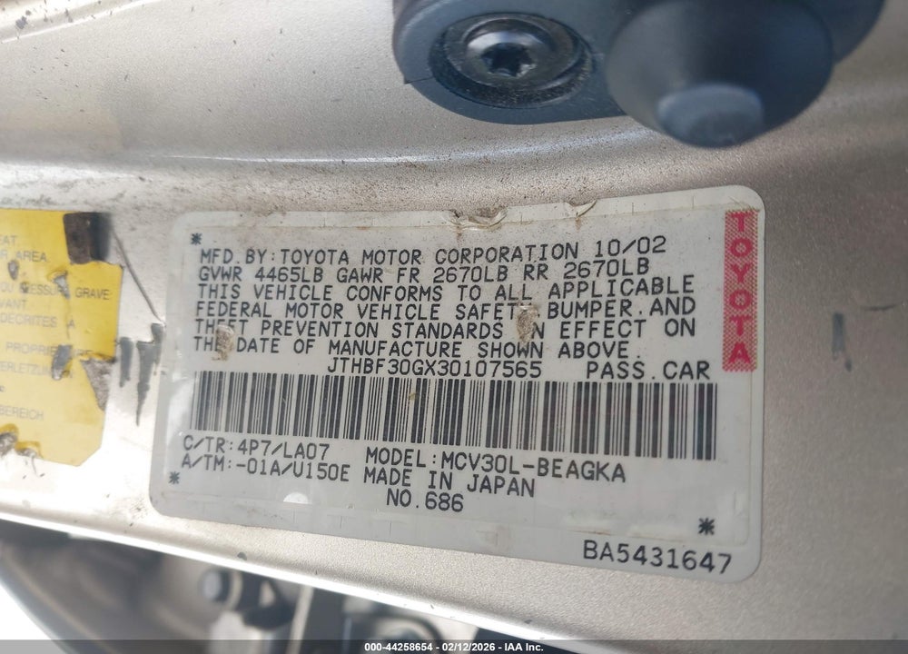 2003 LEXUS ES 300 VIN: JTHBF30GX30107565