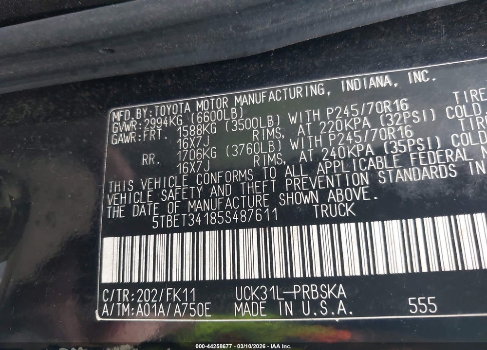 2005 TOYOTA TUNDRA SR5 V8 VIN: 5TBET34185S487611
