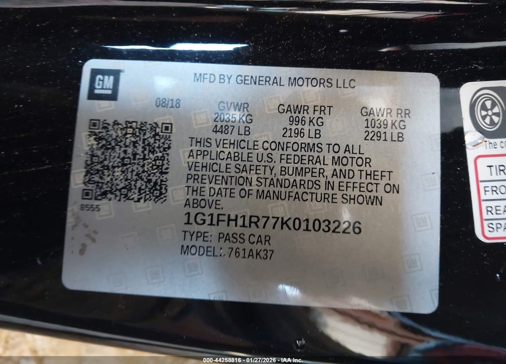 2019 CHEVROLET CAMARO 2SS VIN: 1G1FH1R77K0103226