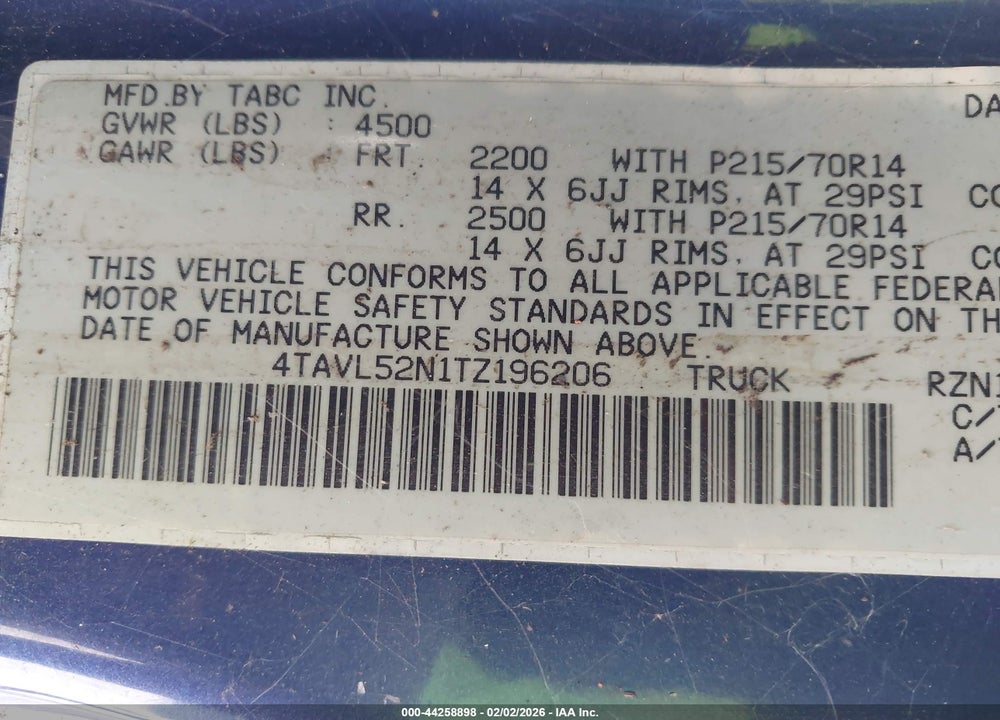 1996 TOYOTA TACOMA XTRACAB VIN: 4TAVL52N1TZ196206