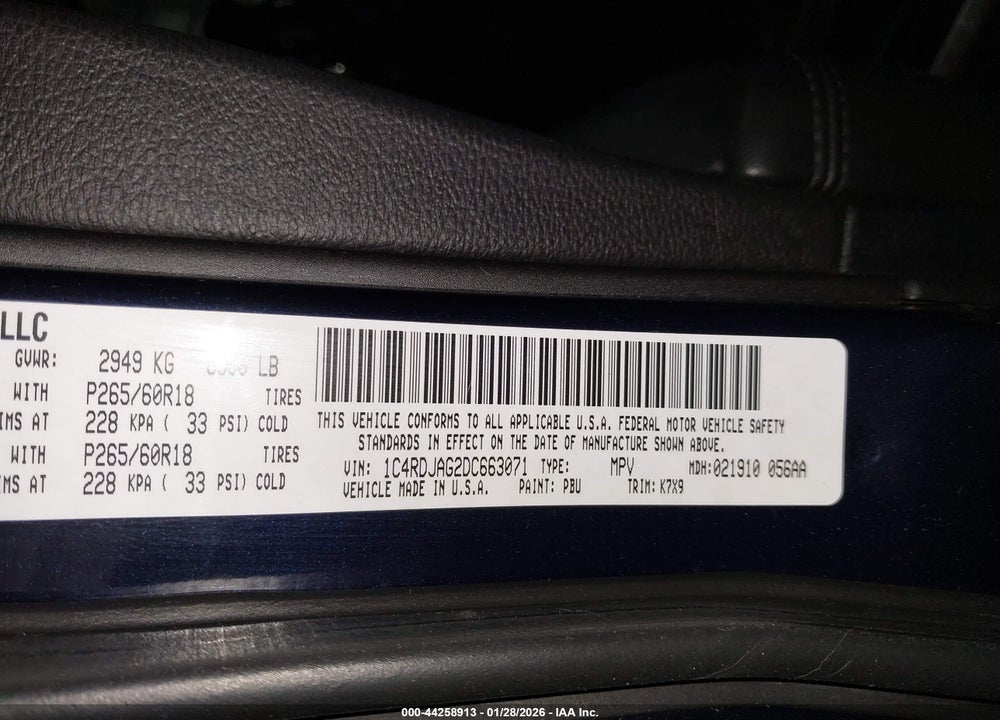 2013 DODGE DURANGO SXT VIN: 1C4RDJAG2DC663071