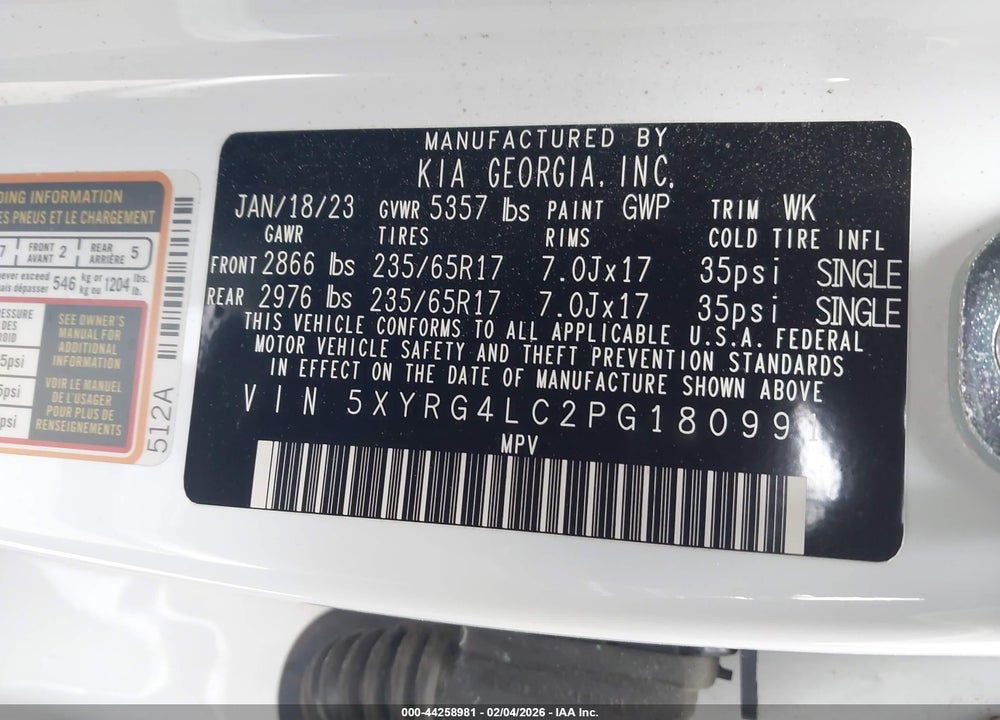 2023 KIA SORENTO LX VIN: 5XYRG4LC2PG180991