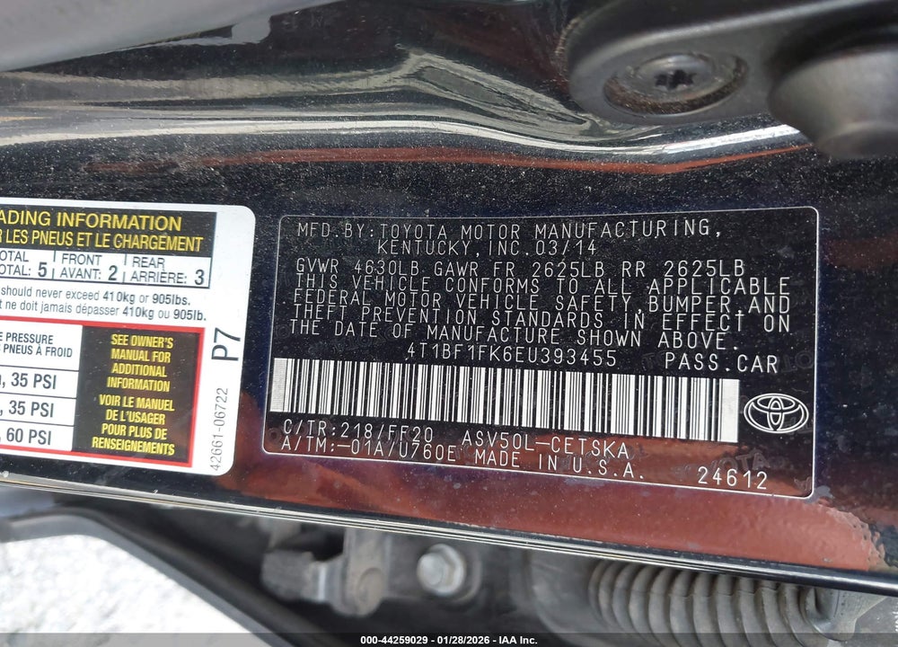 2014 TOYOTA CAMRY SE VIN: 4T1BF1FK6EU393455