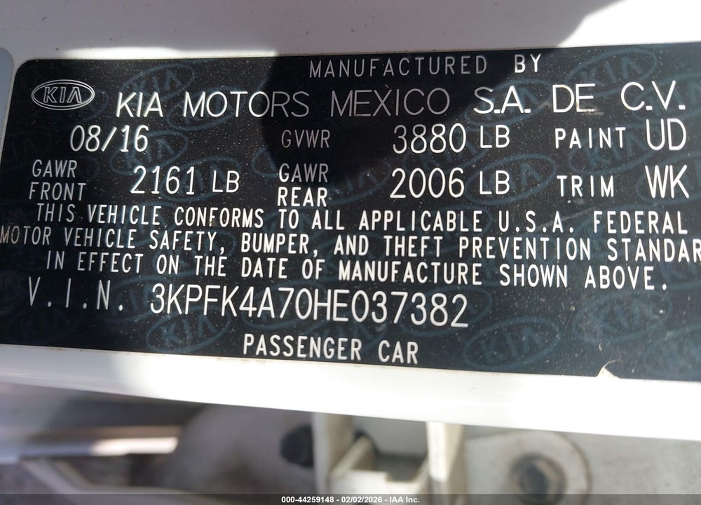 2017 KIA FORTE LX VIN: 3KPFK4A70HE037382