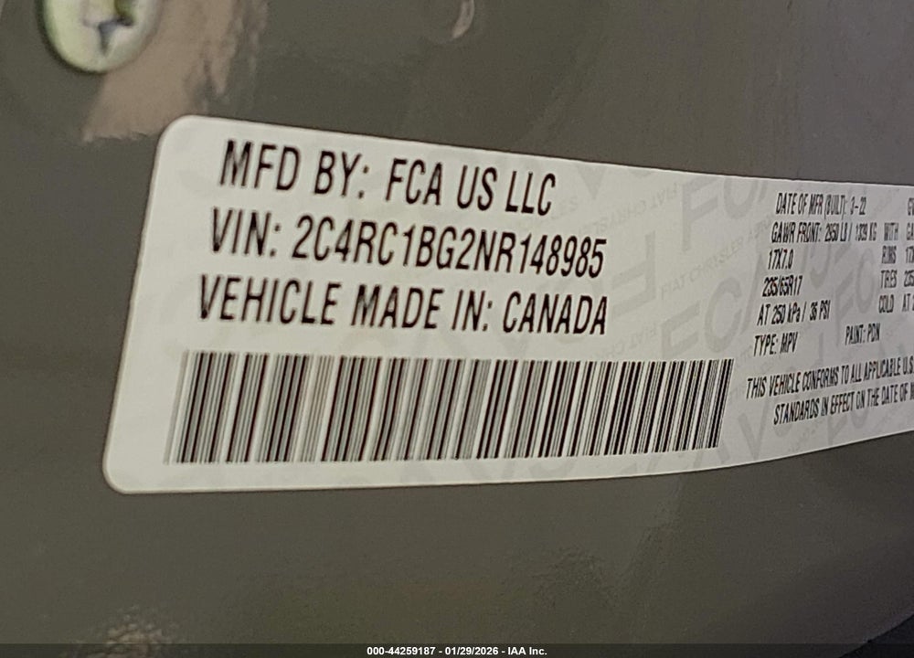 2022 CHRYSLER PACIFICA TOURING L VIN: 2C4RC1BG2NR148985