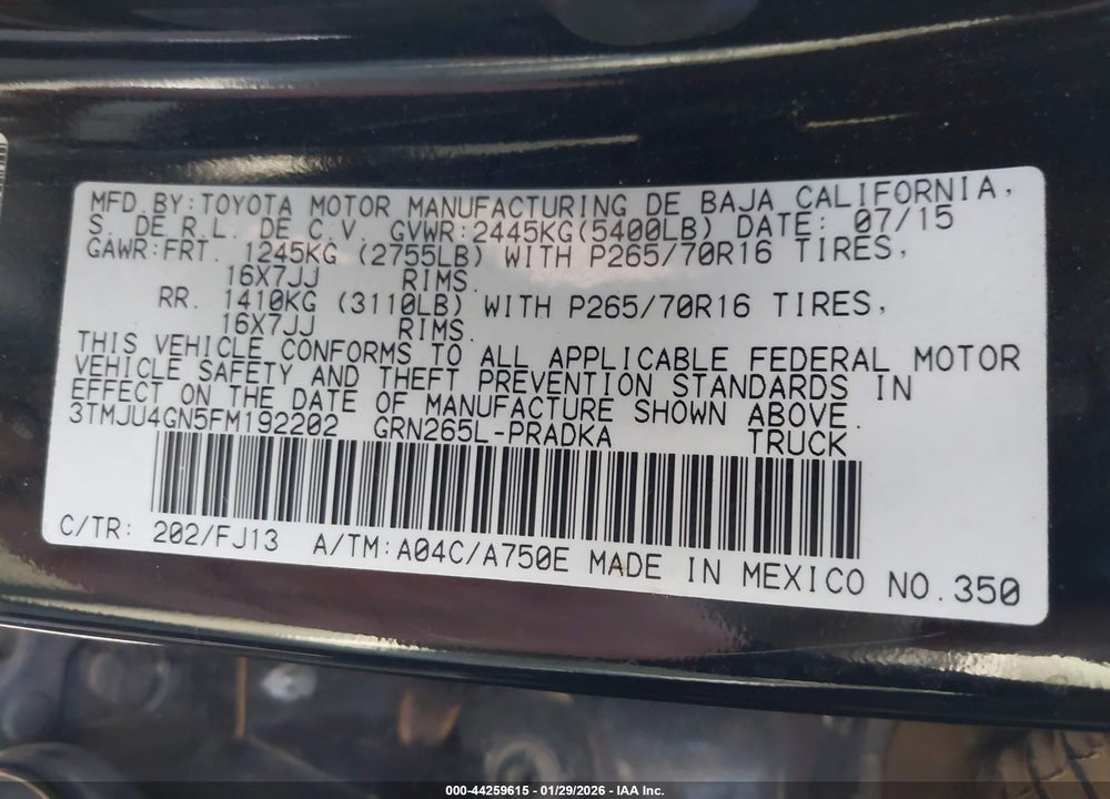 2015 TOYOTA TACOMA PRERUNNER V6 VIN: 3TMJU4GN5FM192202