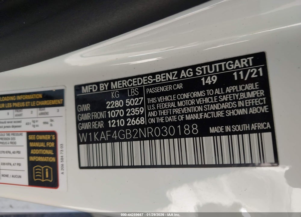 2022 MERCEDES-BENZ C 300 SEDAN VIN: W1KAF4GB2NR030188