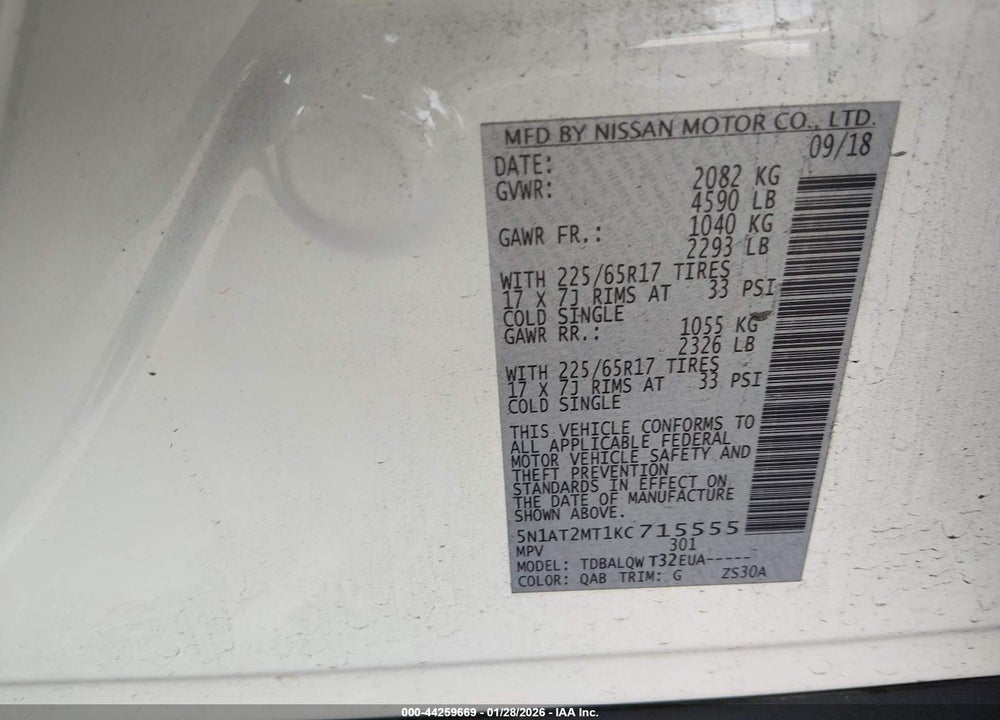 2019 NISSAN ROGUE SV VIN: 5N1AT2MT1KC715555