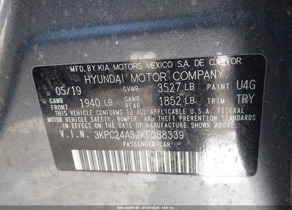 2019 HYUNDAI ACCENT SEL VIN: 3KPC24A32KE088339
