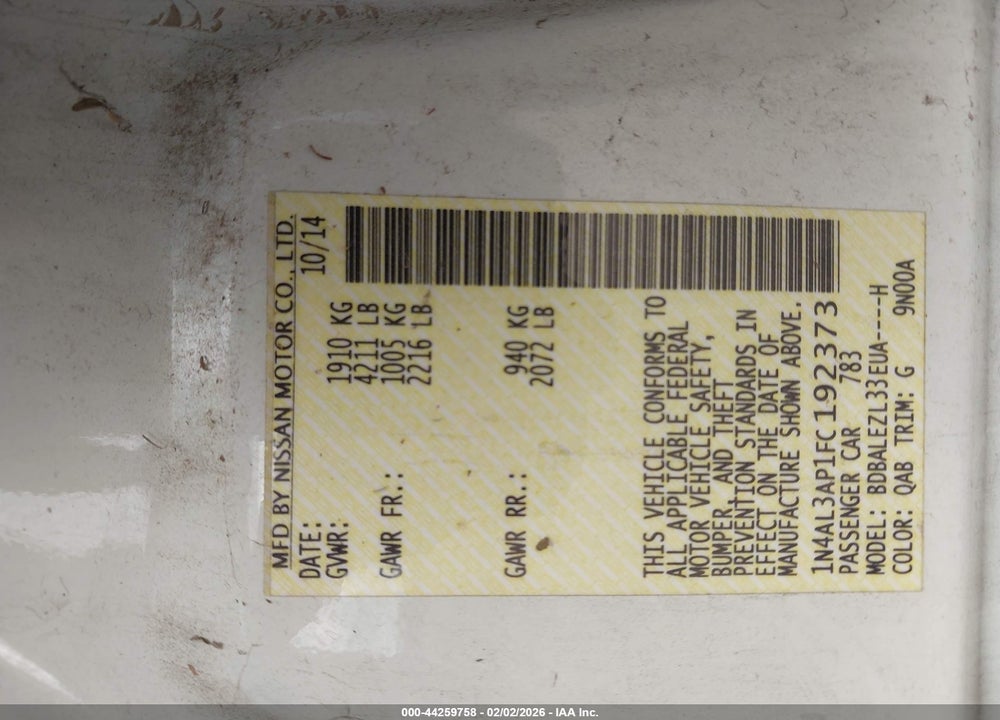 2015 NISSAN ALTIMA 2.5 S VIN: 1N4AL3AP1FC192373