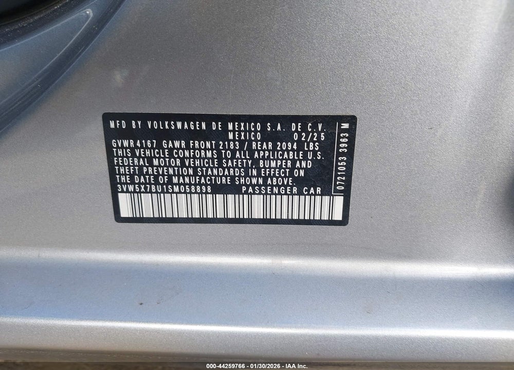 2025 VOLKSWAGEN JETTA 1.5T S VIN: 3VW5X7BU1SM058898