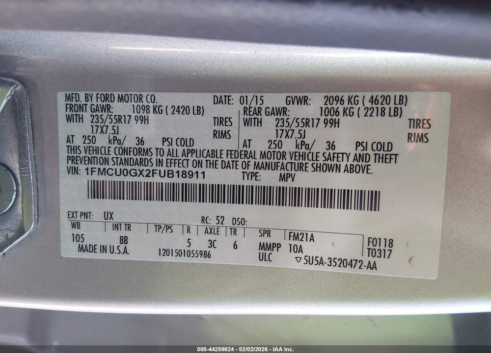 2015 FORD ESCAPE SE VIN: 1FMCU0GX2FUB18911