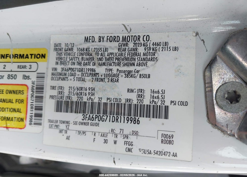 2013 FORD FUSION S VIN: 3FA6P0G71DR119986