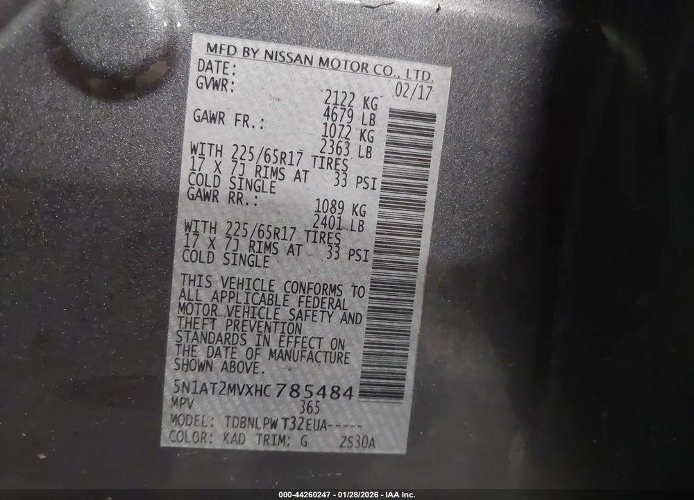 2017 NISSAN ROGUE S VIN: 5N1AT2MVXHC785484