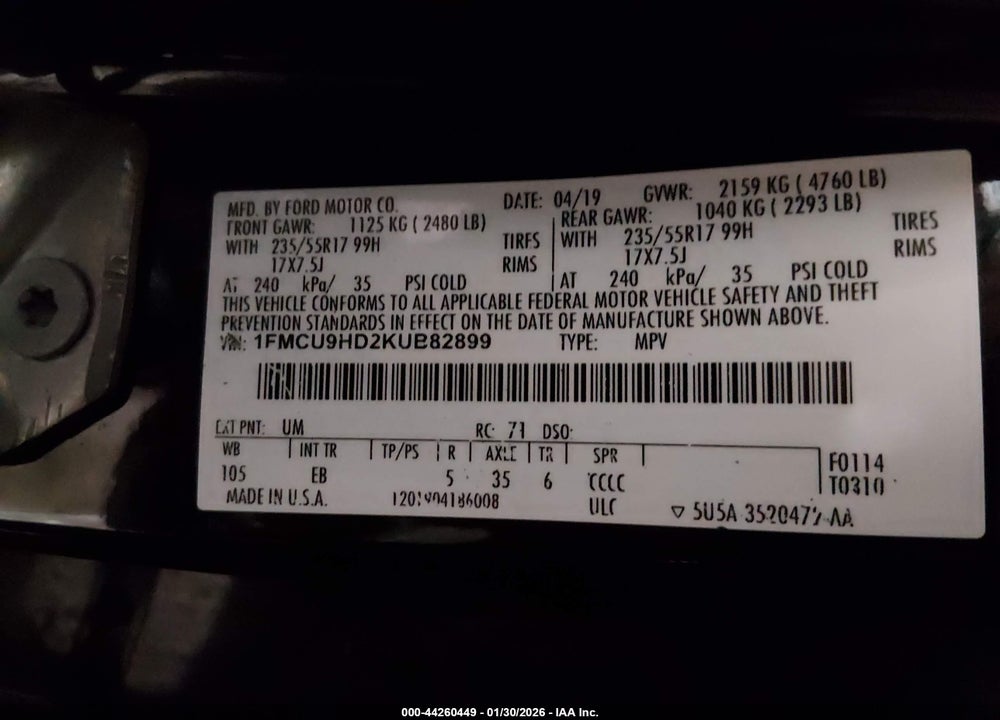 2019 FORD ESCAPE SEL VIN: 1FMCU9HD2KUB82899