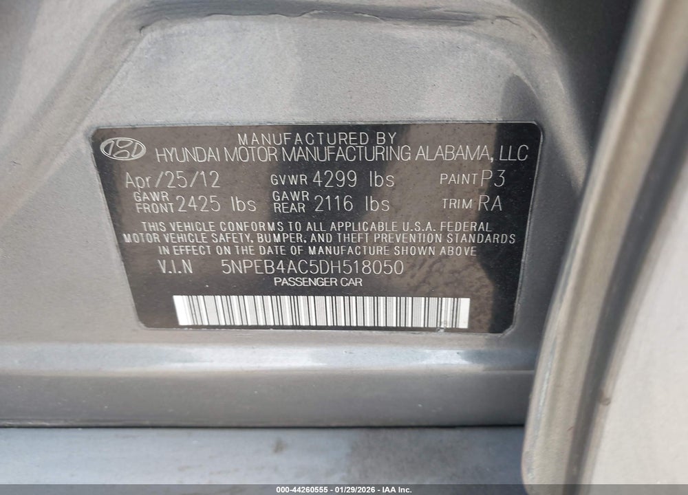 2013 HYUNDAI SONATA GLS VIN: 5NPEB4AC5DH518050
