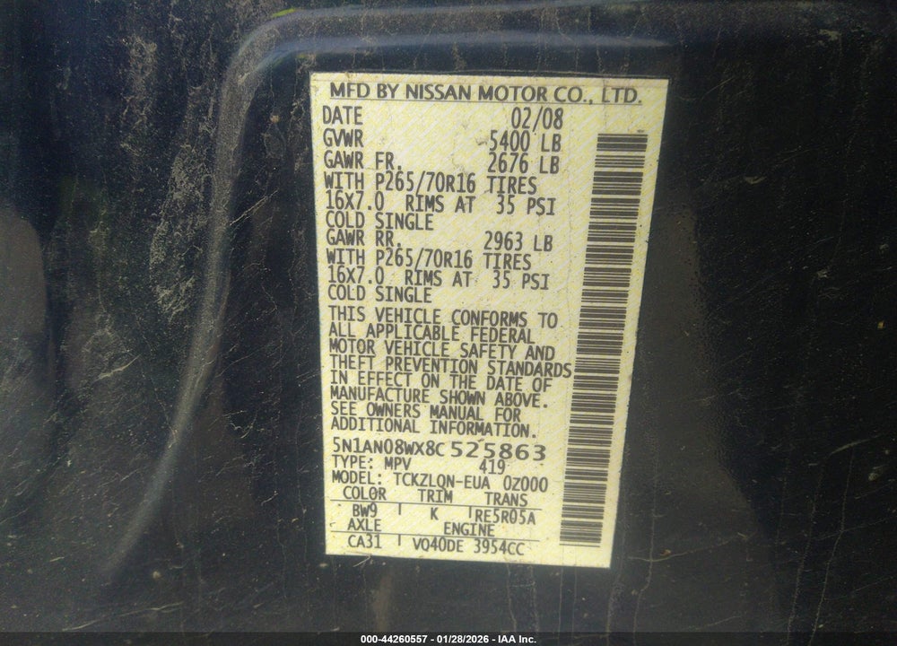 2008 NISSAN XTERRA X VIN: 5N1AN08WX8C525863