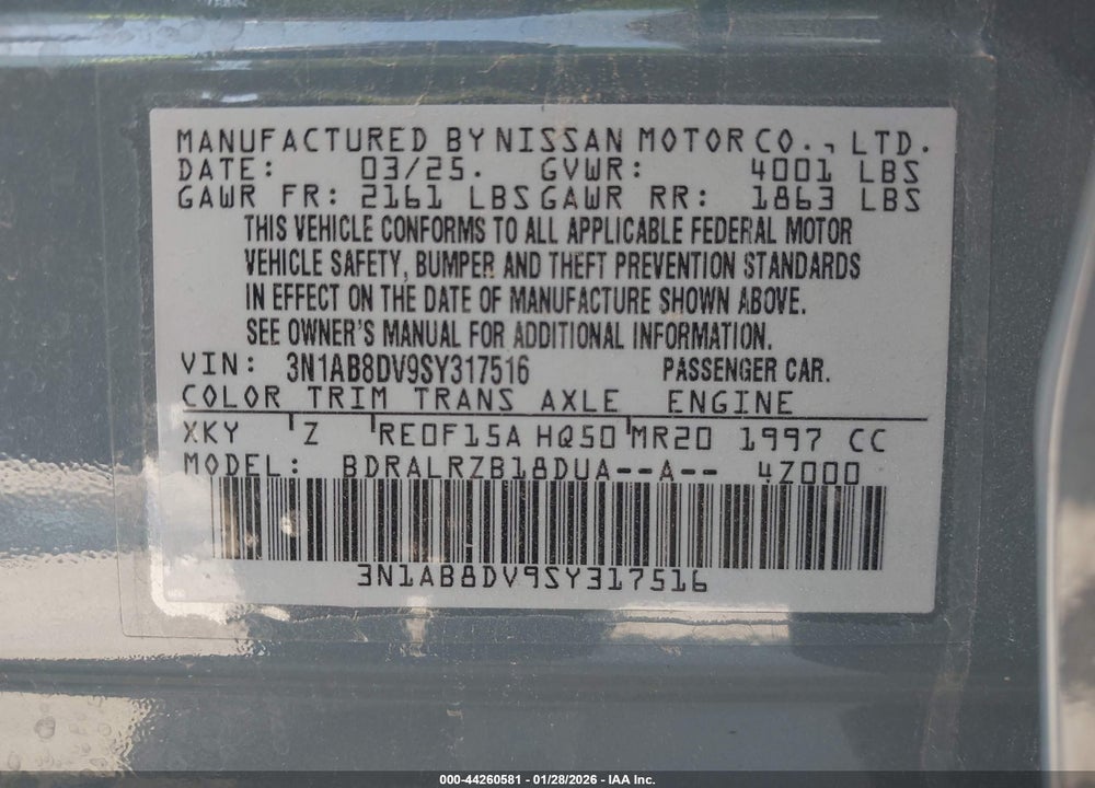 2025 NISSAN SENTRA SR VIN: 3N1AB8DV9SY317516