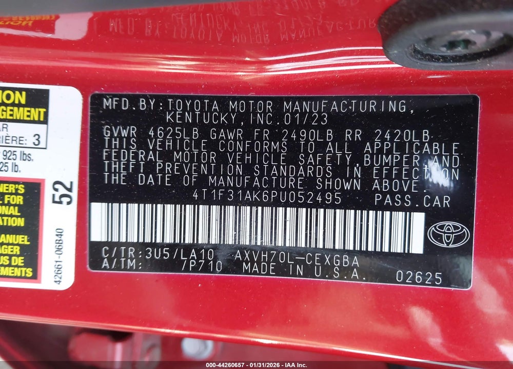 2023 TOYOTA CAMRY XLE HYBRID VIN: 4T1F31AK6PU052495