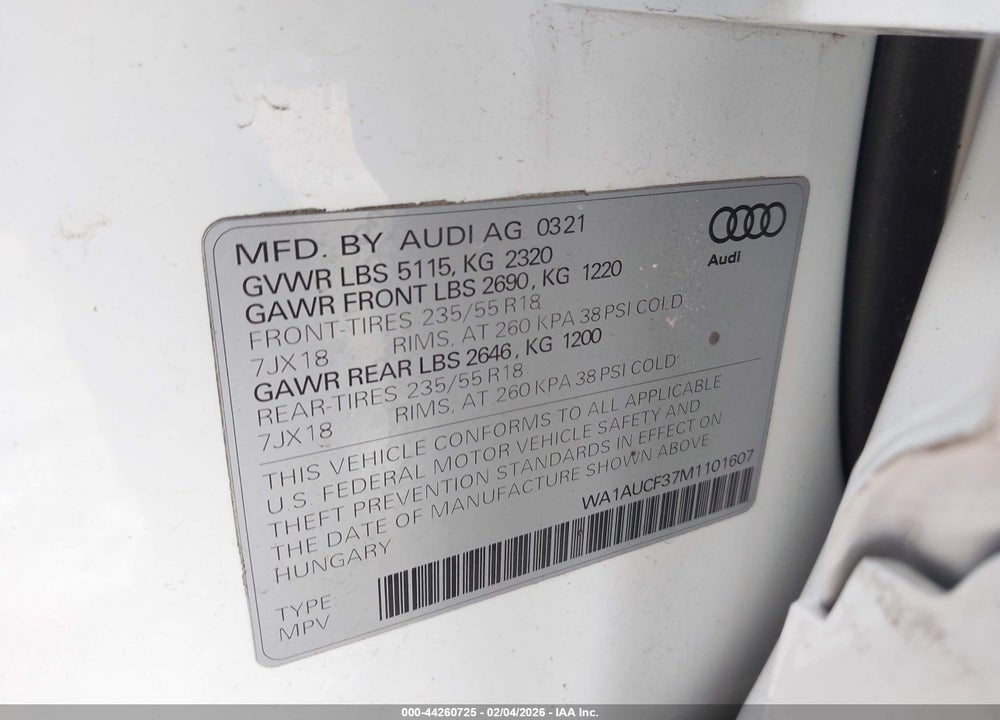2021 AUDI Q3 PREMIUM 40 TFSI QUATTRO TIPTRONIC VIN: WA1AUCF37M1101607